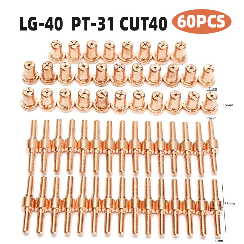 60pcs Extended Long Tip Electrode Nozzles Long Nozzles For PT31 LG40 40A Plasma Cutter Cutting Welding Torch  Consumables