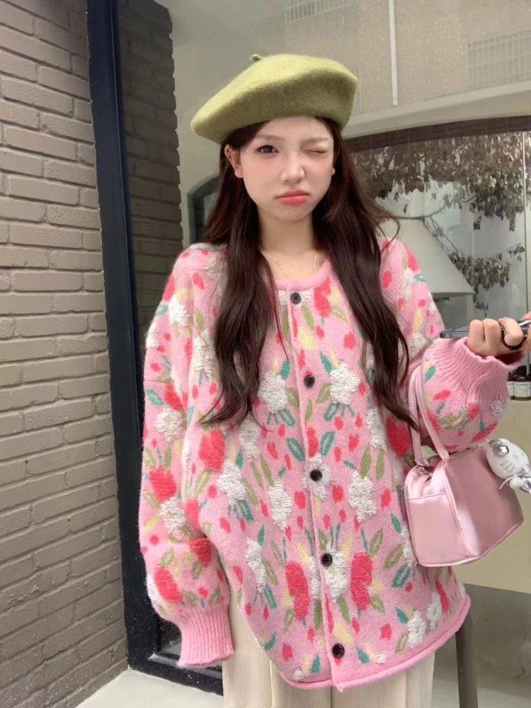 

Vintage Pink Flower Knitted Cardigan Women Spring Autumn Chic Korean Single Breasted Sweater Sweet Floral Long Sleeve Coat