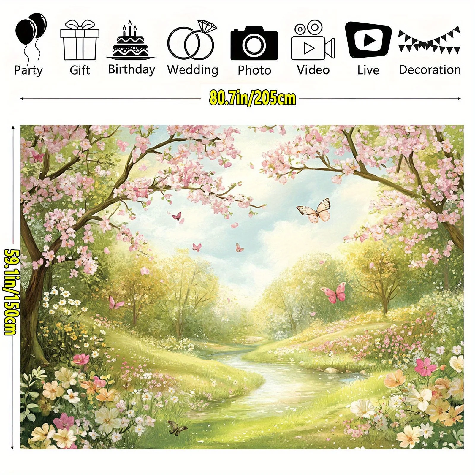 Ein farbenfrohes Blumen- und Gras-Party-Banner – strapazierfähige Frühlingsszene aus Polyester mit Kirschblüten, Schmetterlingen und Bächen – Detail 7