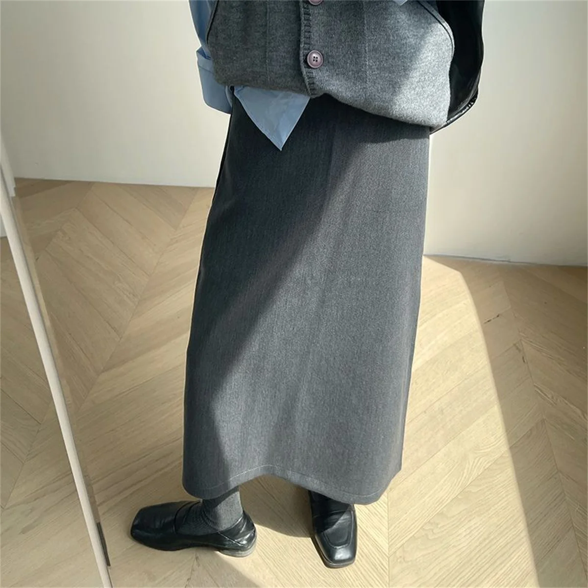 Chic Fashion Gray Black Sweater Coat Skirts Elegant Long Skirts Autumn Winter High Waist Midi Skirt Fashion New In Women Skirts