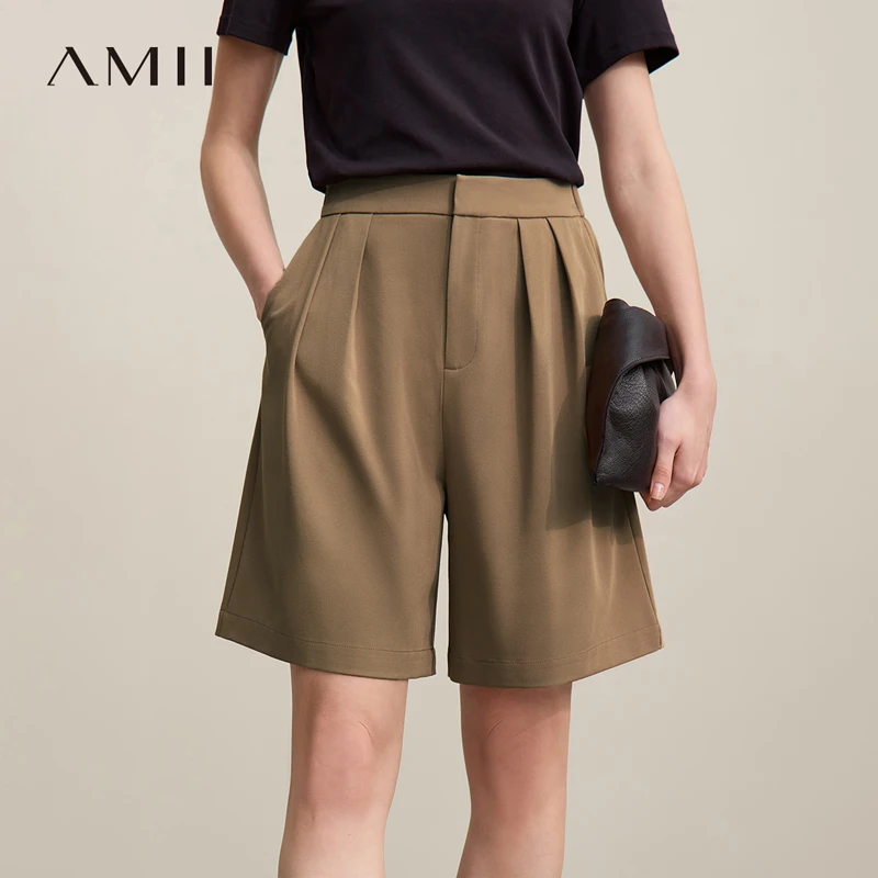 AMII Woman Shorts 2026 Spring New Simple Commuting Pleated Zipper Wide-leg Pants Casual Shorts Women's Black Pants 12641096