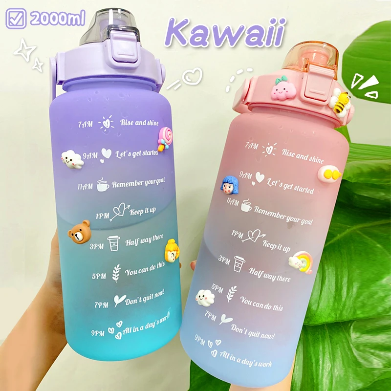 2L Large Capacity Water Bottle With Bounce Cover Time Scale Reminder Frosted Cup With Cute Stickers For Outdoor Sports Fitness restaurant glassware
