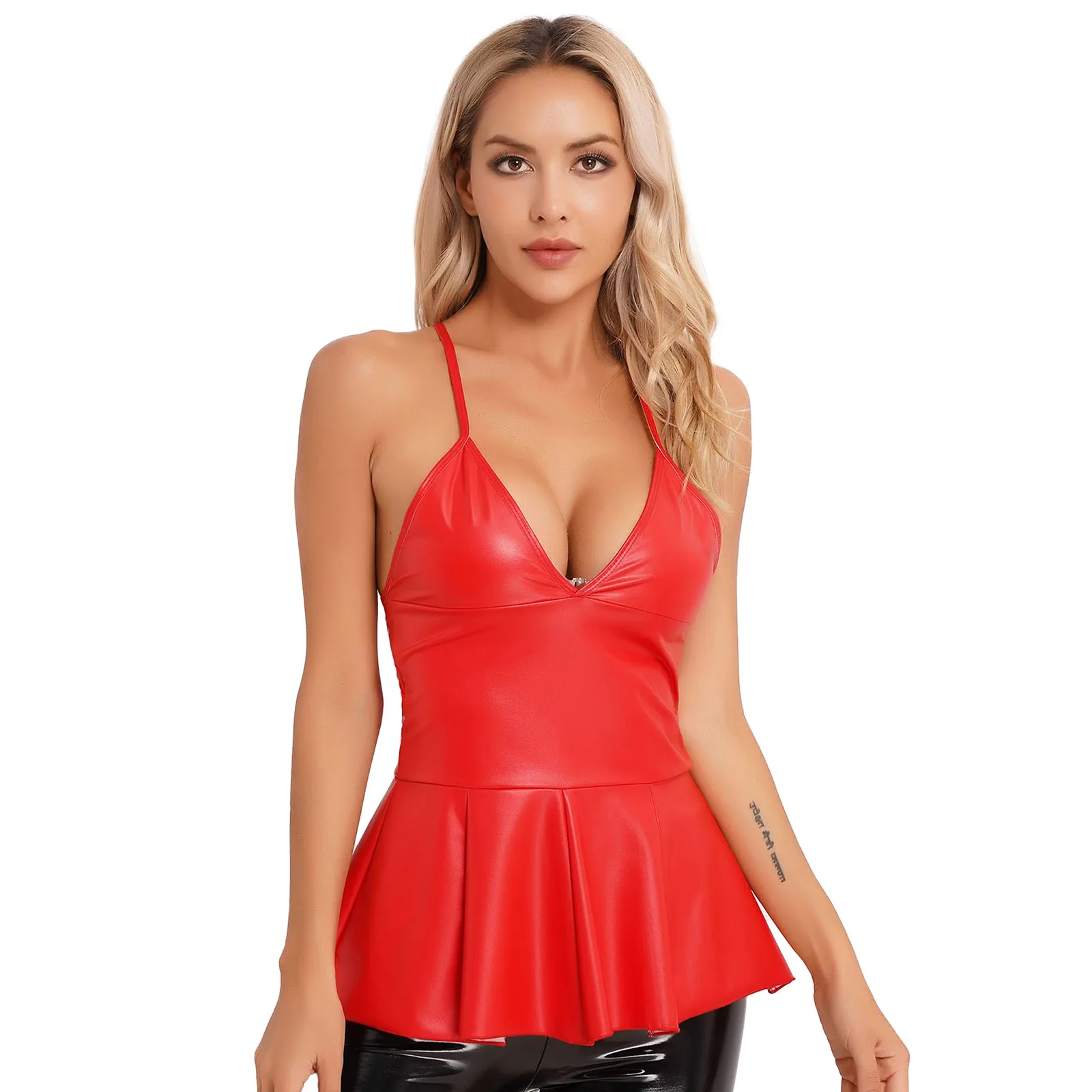 

Womens Deep V Neck PU Leather Mini Dress Sleeveless Camis Dresses Shiny Wet Look Latex Backless Ruffle Dress Sexy Party Clubwear