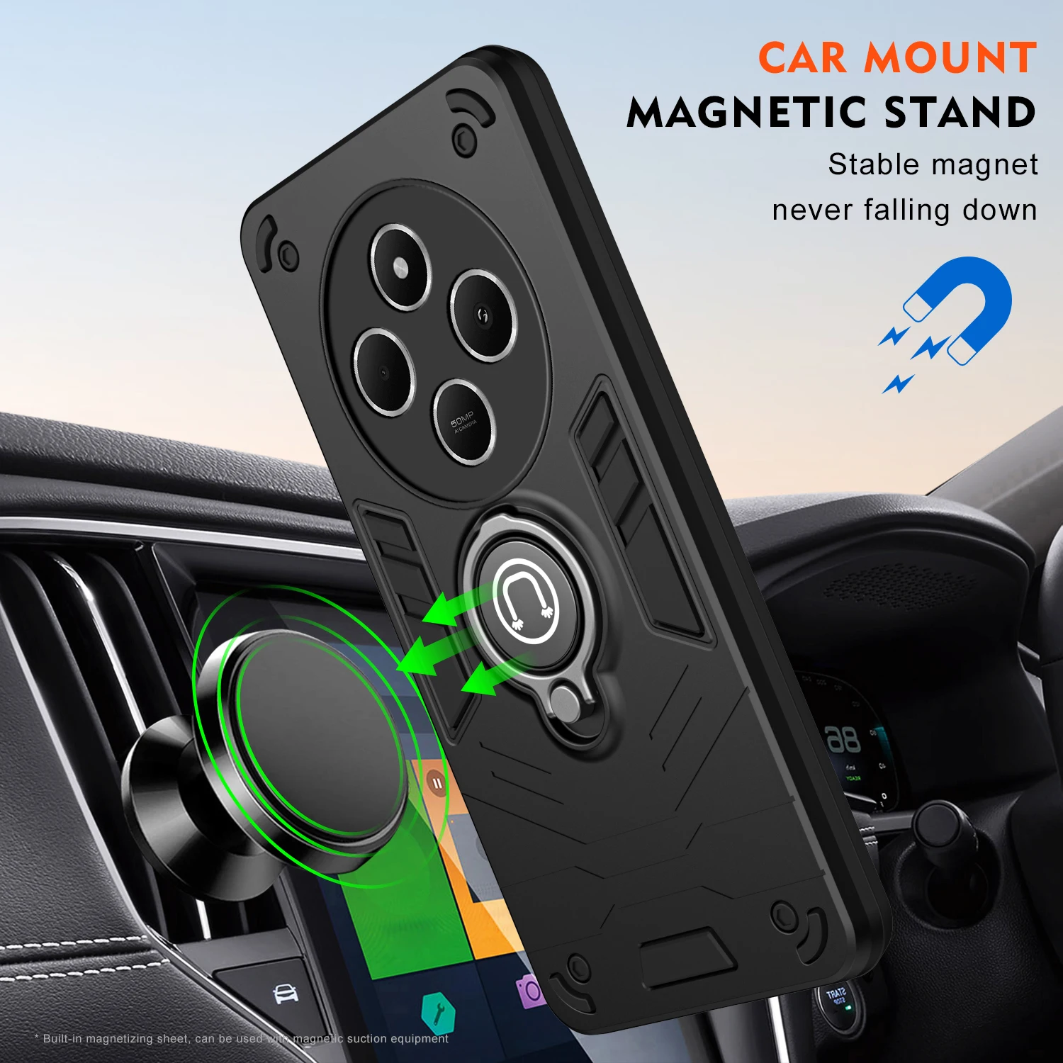 Rugged Shockproof Phone Case with Magnetic Ring Holder and Dual-Material Design