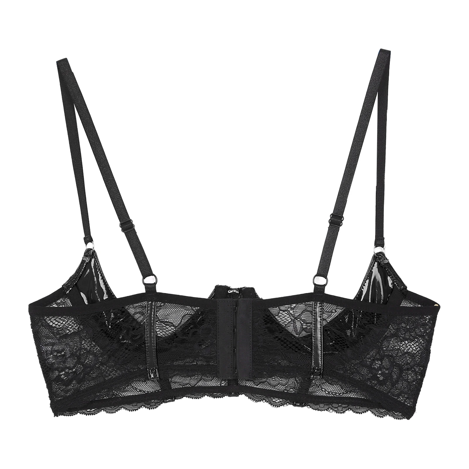 Erotic Lingerie Women Open Cup Bra Wetlook Patent Leather Underwired Bra Adjustable Floral Lace Brassiere Sexy Half Cup Lingerie Underwear