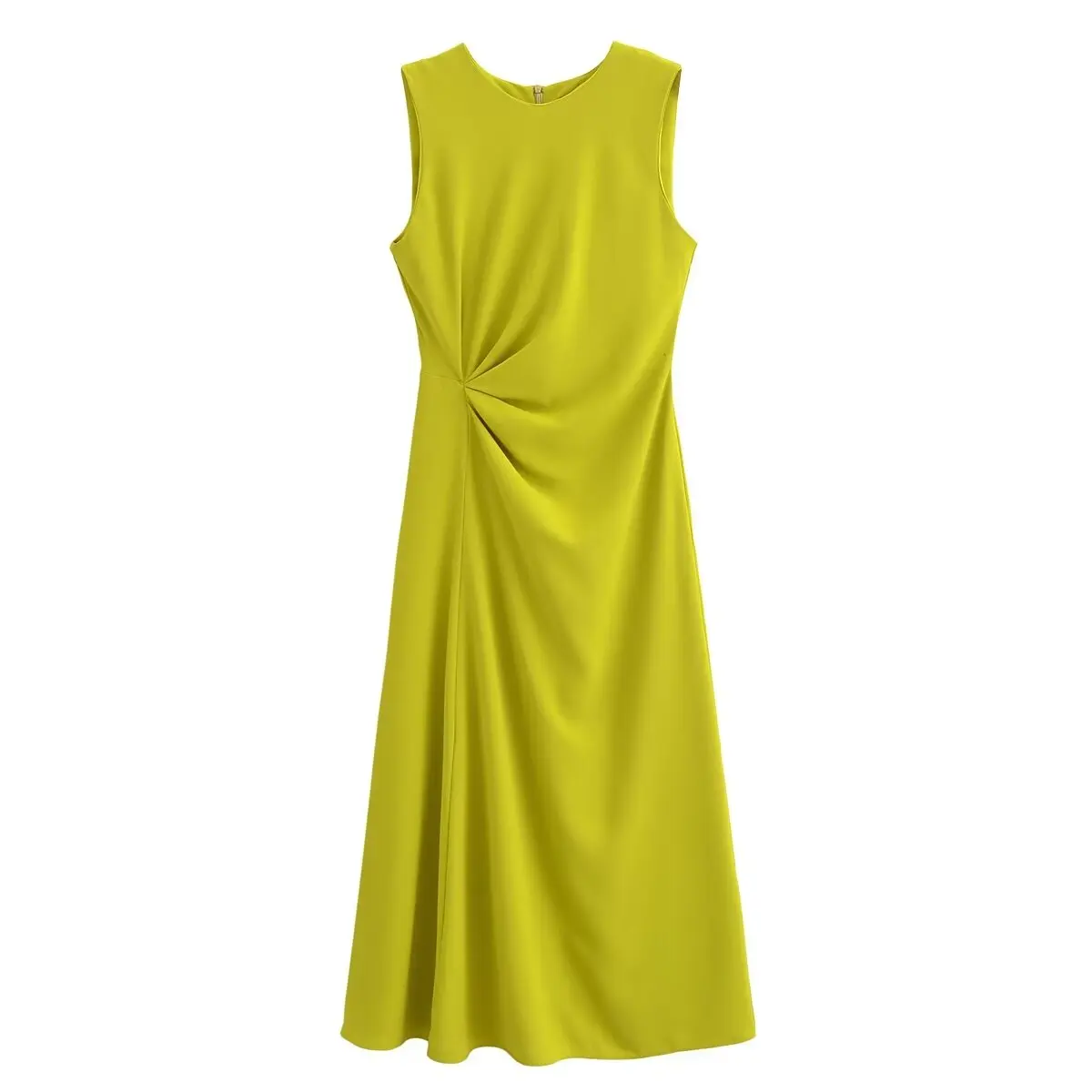 

Women's summer new fashion side pleated decoration slim fit O-neck midi dress retro sleeveless back zippered women's dress Mujer