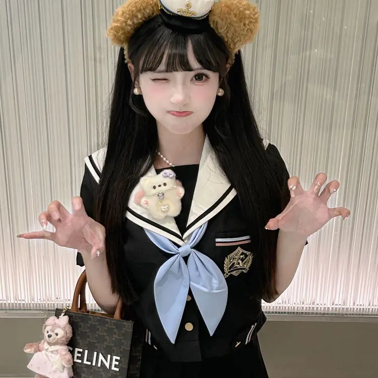 Japan JK College Sailor Suit Navy Collar Top Pleated Skirt Two-Piece Set Women Bow Embroidery Sweet Fashion Color Contrast 2024