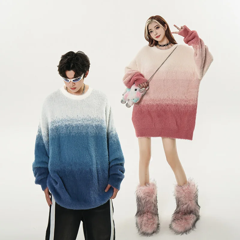 UPRAKF Gradient Sweater Loose Long Sleeves Warm Autumn Knitted Casual Fashion O Neck Trendy Pullovers