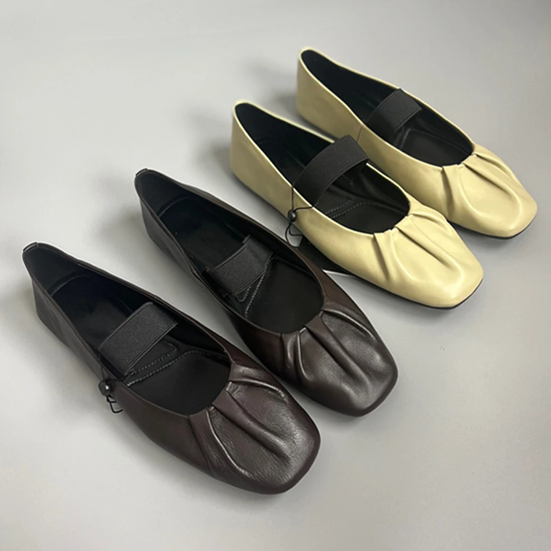 Jenny&Dave Slip-On Loafers New French Retro Fashion Ladies Flat Shoes Pleated Women Shoes Simple Genuine Leather Soft Casual