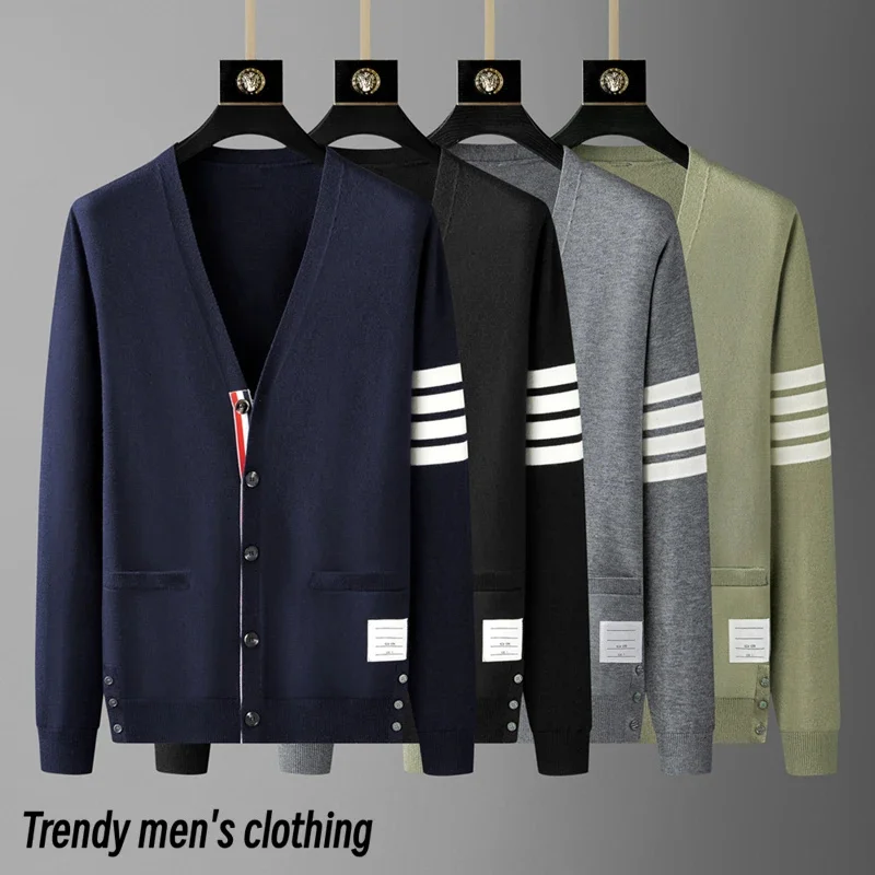 High end brand knitted cardigan men's spring and autumn new classic stripe trend Korean casual side slit V-neck sweater coat