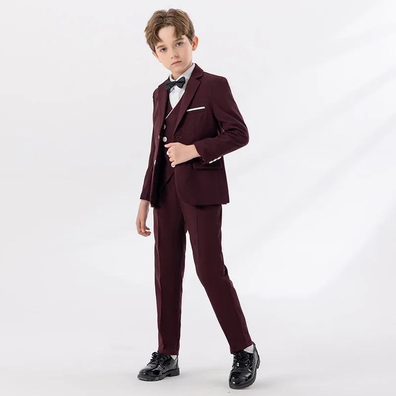 Boys Suit Burgundy Jacket Vest Pants Bowtie Photograph Suit Children Piano Party Dress Gentleman Kids Ceremony Performance Costume