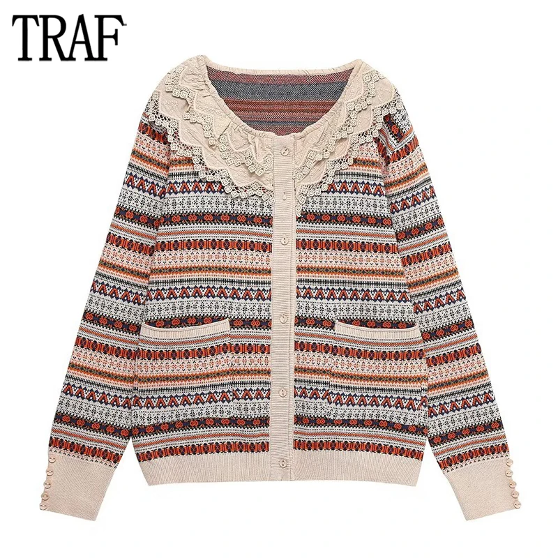 

TRAF Embroidery Sweater Cardigan Women Crochet Knitted Cardigans for Woman Long Sleeve Oversize Cardigan Woman Striped Jerseys