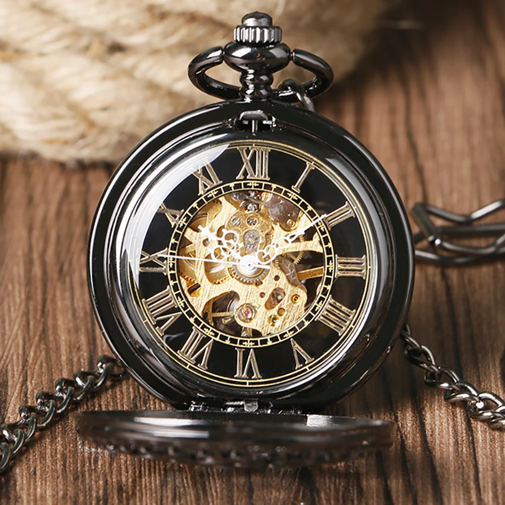 Steampunk Hollow Black 기계식 손으로 감는 회중 시계 남자 FOB 체인 펜던트 시계 로마/아라비아 숫자 다이얼 시계
