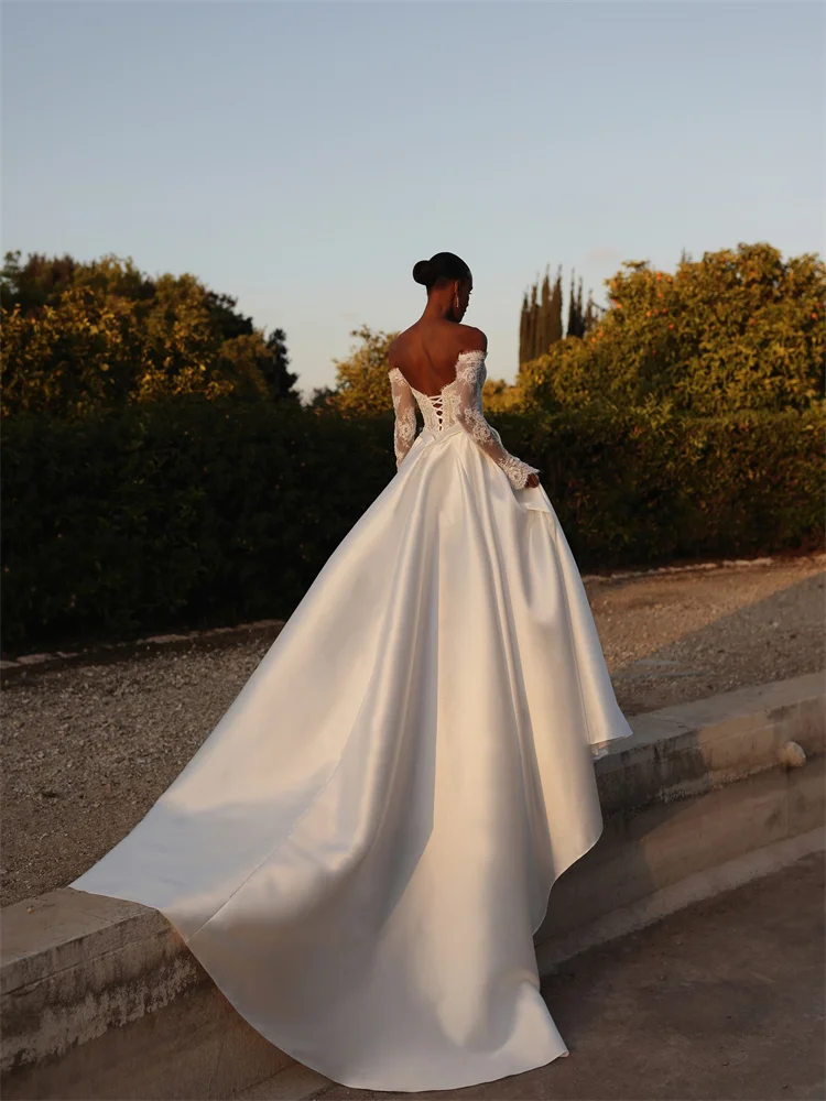 Customized Off Shoulder Neckline Long Sleeves Satin Wedding Dress Lace-up Back Floor Length High Slit Sweep Train Gown For Bride