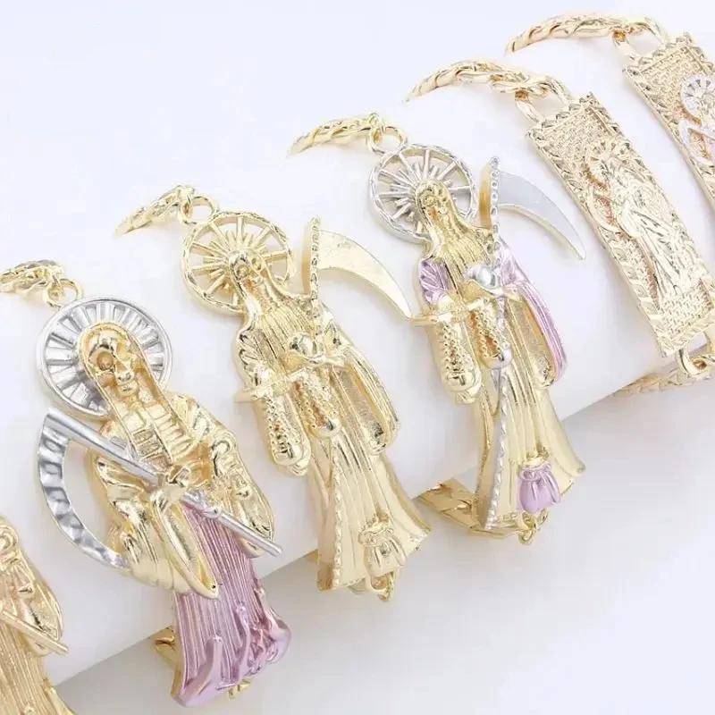 Ruixi Fashion Classic Pulseras Oro Laminado 18K Gioielli Religiosi In Oro Laminato Santa Morte Bracciale Da Uomo Regalo Party