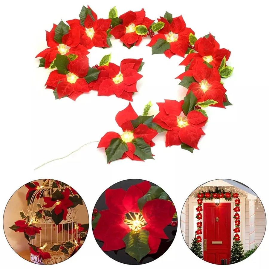 

2022 New Poinsettia Flowers String Lights Battery Powered 2M 10LED Christmas Garland Fairy Lights for Home Party Wedding Decor