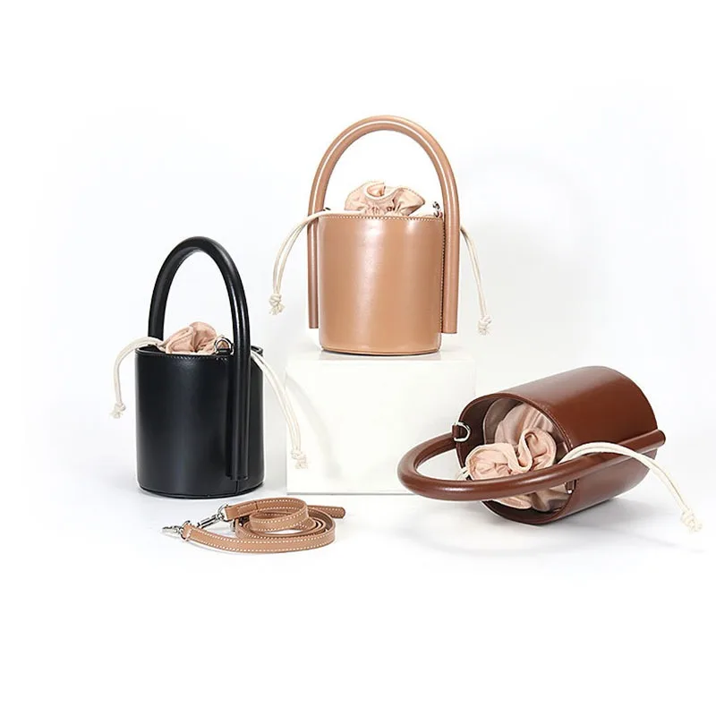 Buckets Totes  Hollow Drawstring Canvas Cylinder Small Bag Summer Handbag Bucket Purse Genuine Leather Bag сумка женская
