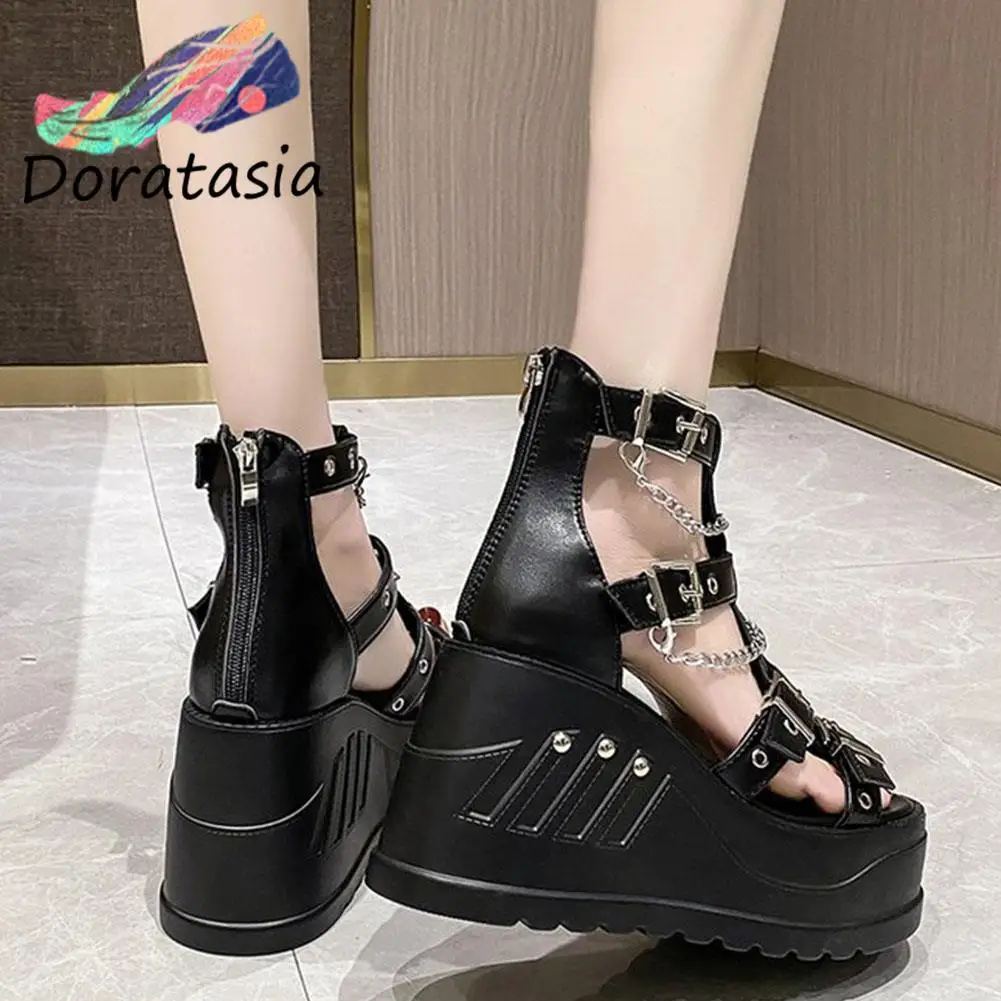 DORATASIA Women Wedges Sandals High Heels Gothic Punk Summer Platform Shoes Woman Comfort Strappy Zip Buckle Fashion Casual |