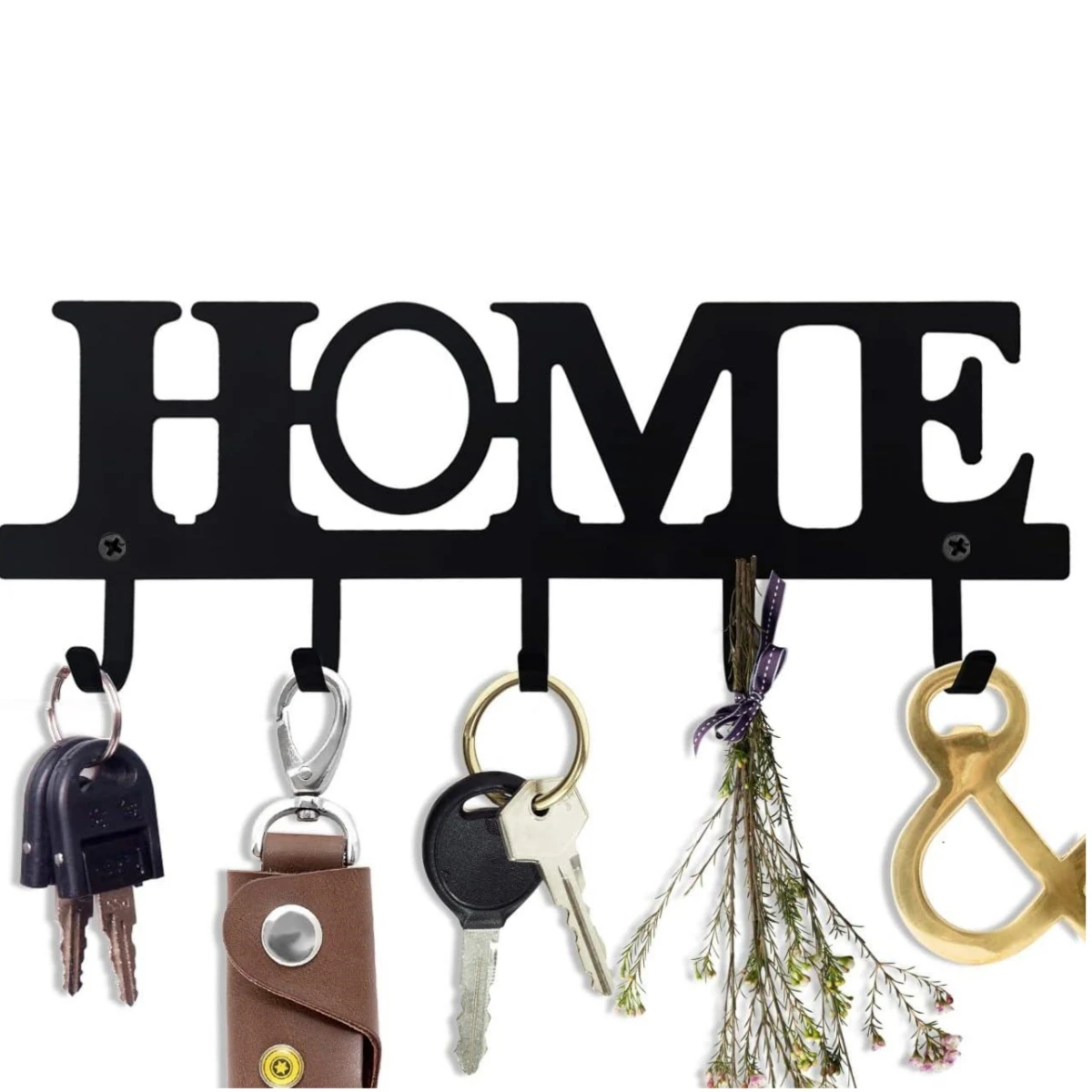 Fydos wall mounted key hanger black key rail rack with 4 hooks for