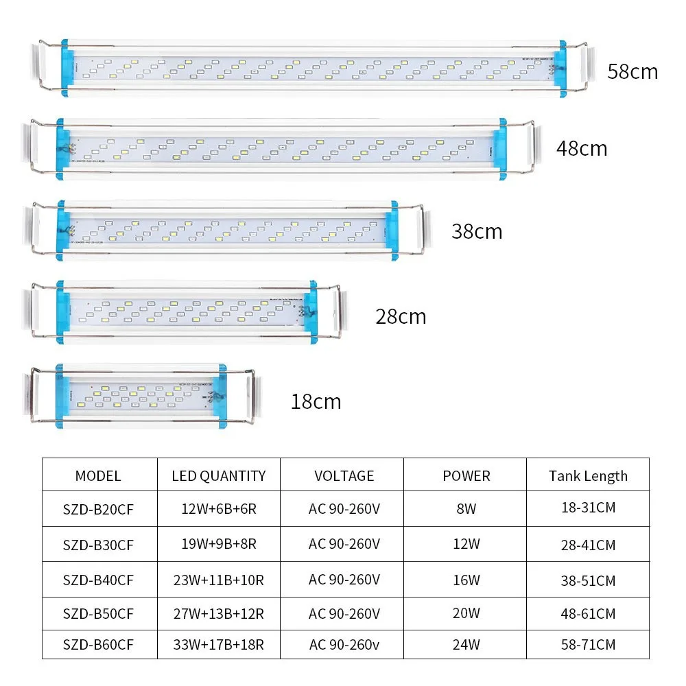 

110V-220V Aquarium LED Light Fish Tank Aquatic Plant Grow Lighting Waterproof Bright Clip Lamp Blue LED 18-58cm for Fish Tank