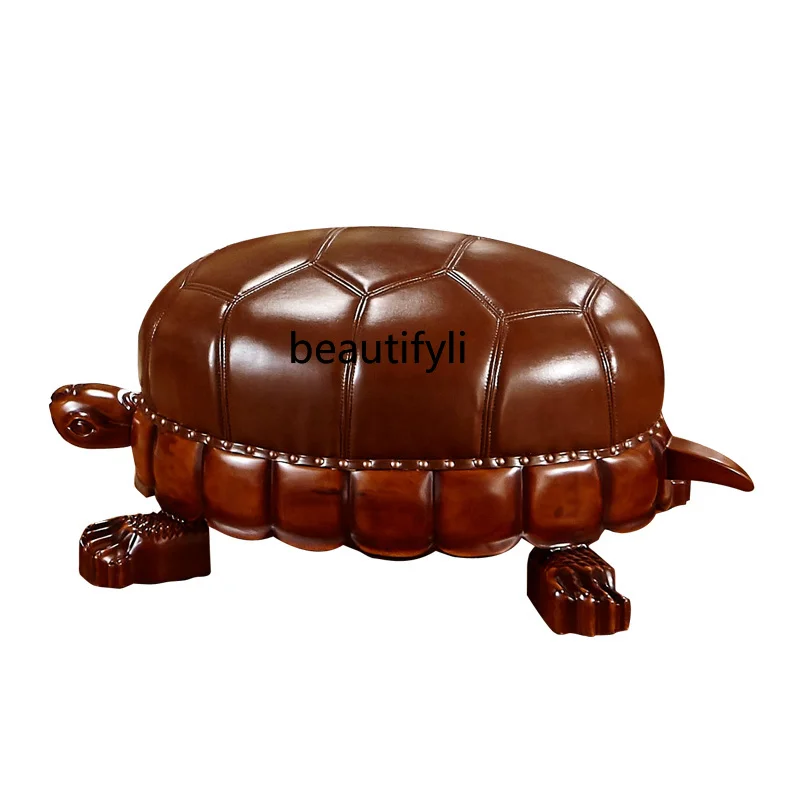 

European-Style Genuine Leather Turtle Shoe Changing Stool Lucky Turtle Stool Solid Wood Carved First Layer Cowhide Side Stool