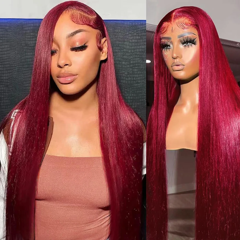 

99j Burgundy Lace Front Human Hair Wig 38 Inch Bone Straight Lace Frontal Wigs 13x6 Hd Transparent Lace Brazilan Wig For Woman
