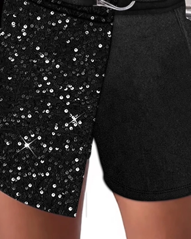 Fashion Women's Shorts 2023 New Spring Velvet Contrast Sequin Buckled Skorts Elegant Splicing Above Knee Shorts Office Wear