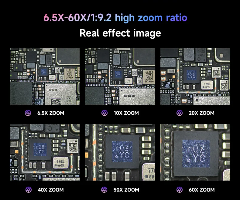 메카닉 로봇 6560T 삼안 현미경 - PCB 용접 및 전자 결함 감지를 위한 6.5-60배 고배율