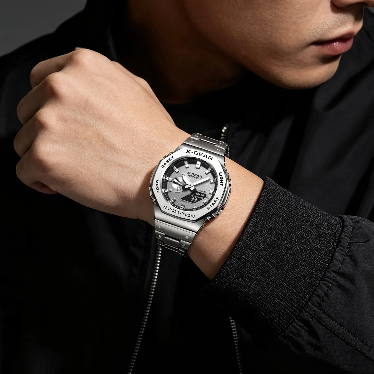 X-GEAR Dual Display Unisex Sports Watch with LED Alloy Design and Steel Strap