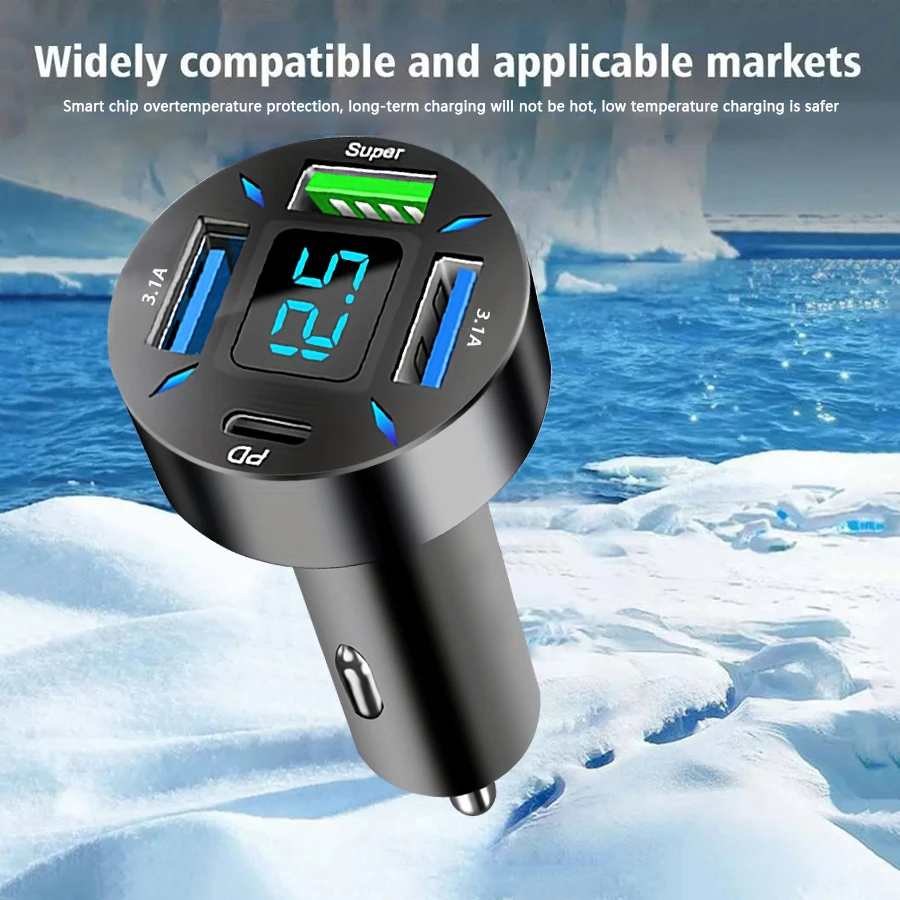 4-in-1 Multi-Port Car Charger With Digital Display Voltage Detection Multi-Function Fast USB+TYPE C Speed Charging