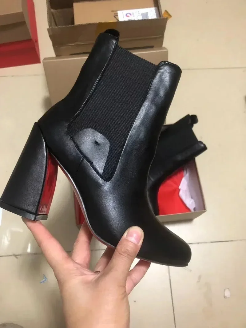 

Luxury High Quality Fashion Sexy Crystal Red Sole Shoes Ankle Boots for Woman Pointed Toe Shoes Party Modern Autumn Booties