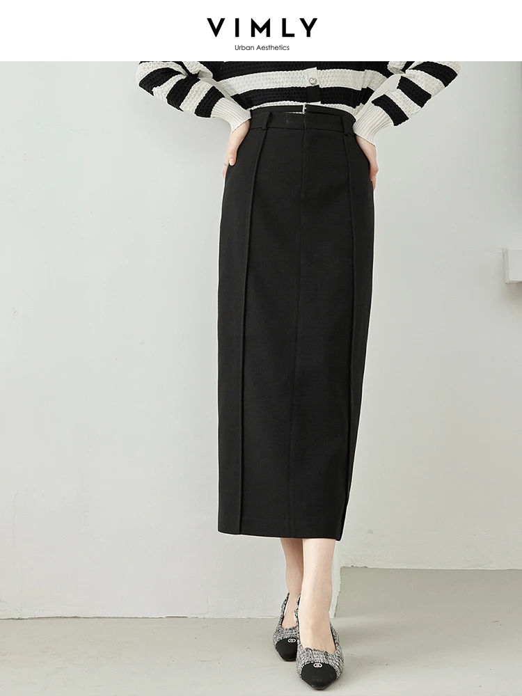 Vimly Women's Split Straight Maxi Black Skirts 2023 Autumn Fashion Solid Casual Elegant Office Lady Skirts Female Clothing M2655