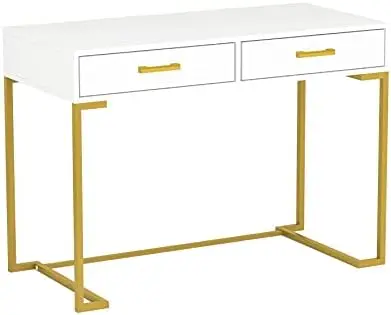 

Desk with 2 Drawers, White and Gold Desk Modern Writing Desk Study Table for Home Office, Bedroom, Small Space - Wood Top and Go
