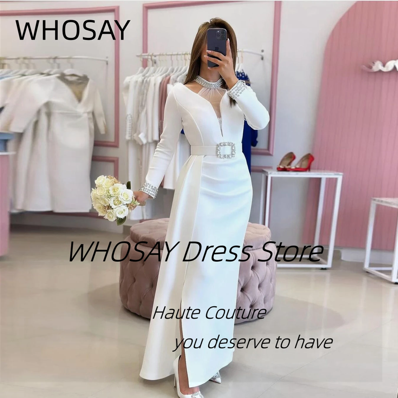 

WHOSAY 2024 New Style Halter Neck Beaded Long Sleeves Prom Dresses Sash Side Slit Bridesmaid Dress for Wedding Party Evening