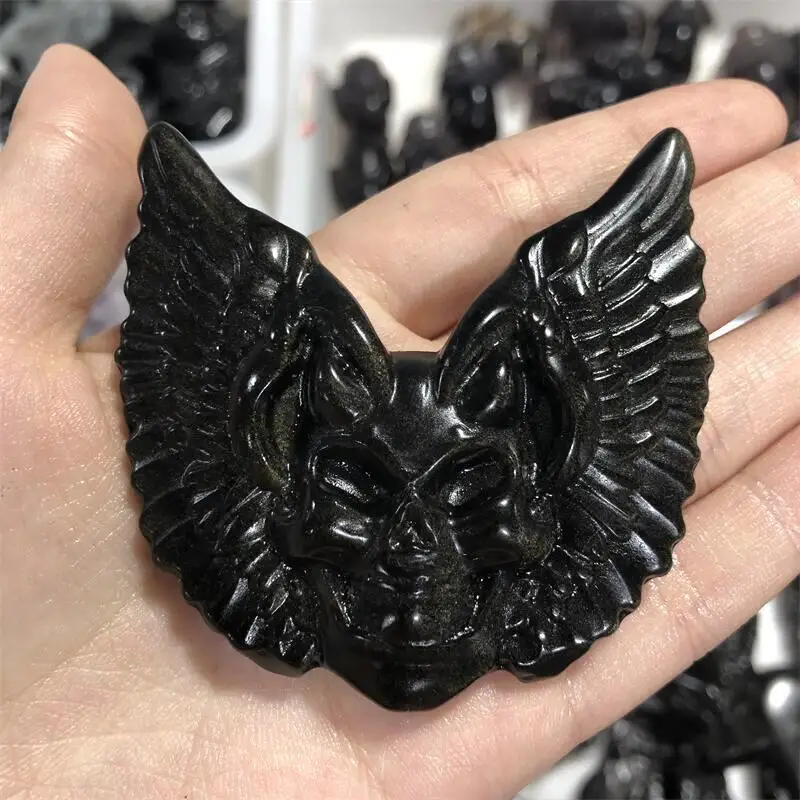 

Natural Golden Obsidian Crystal Angel Skulls Gems Carved Reiki Healing Gift Crafts Home Decoration 1pcs