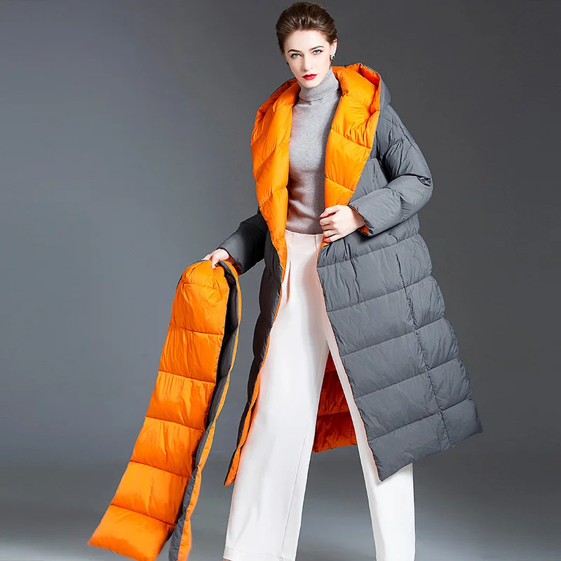 

New Down Jacket Winter European Station Women's Medium Long Fashionable Hooded White Duck Warm Coat Thickened Outer Travel Parka
