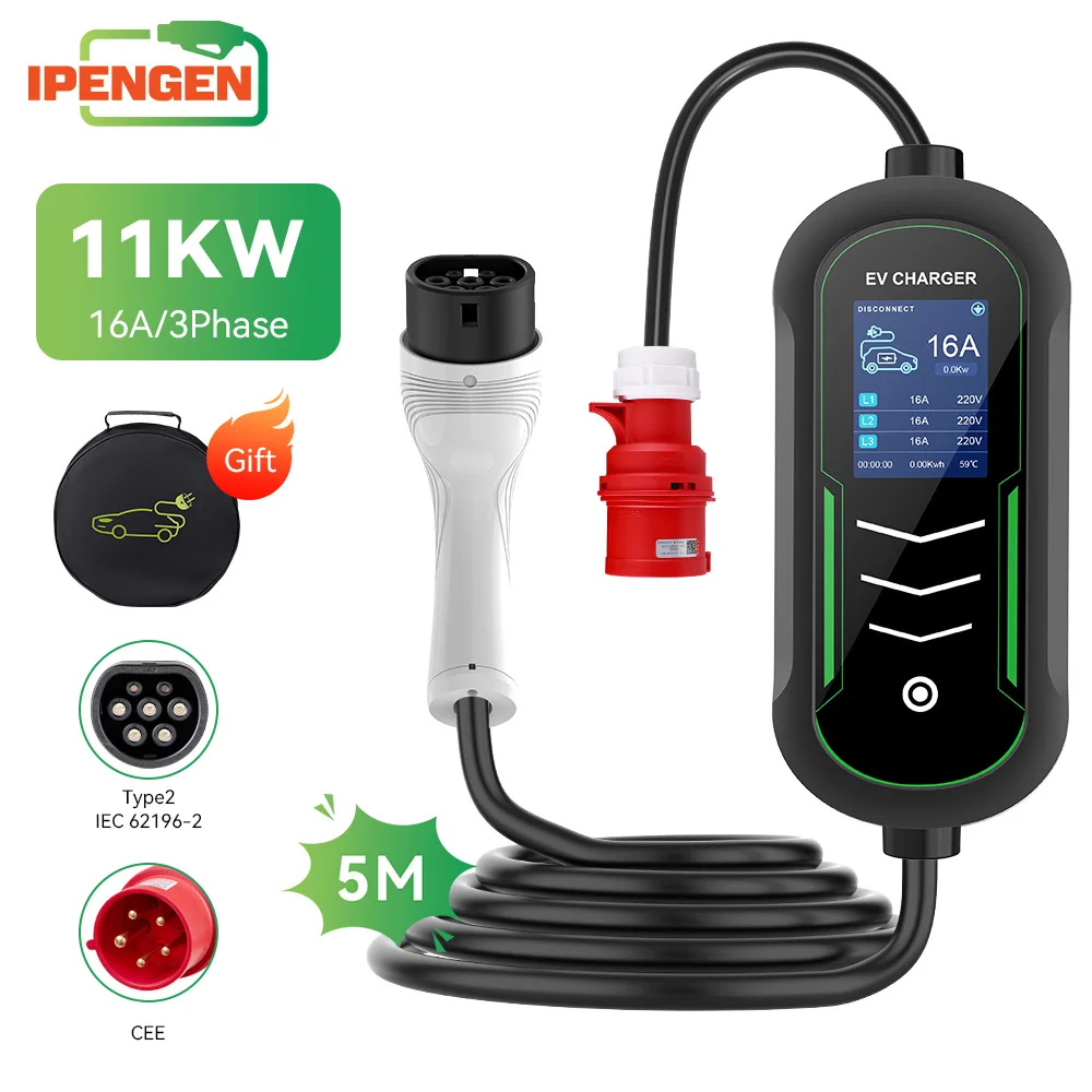 IPENGEN11KWType2EVChargerPortable5MCable8-16AAdjustableCurrent16A3PhaseDelayChargingEVSEChargingBoxIEC62196-2