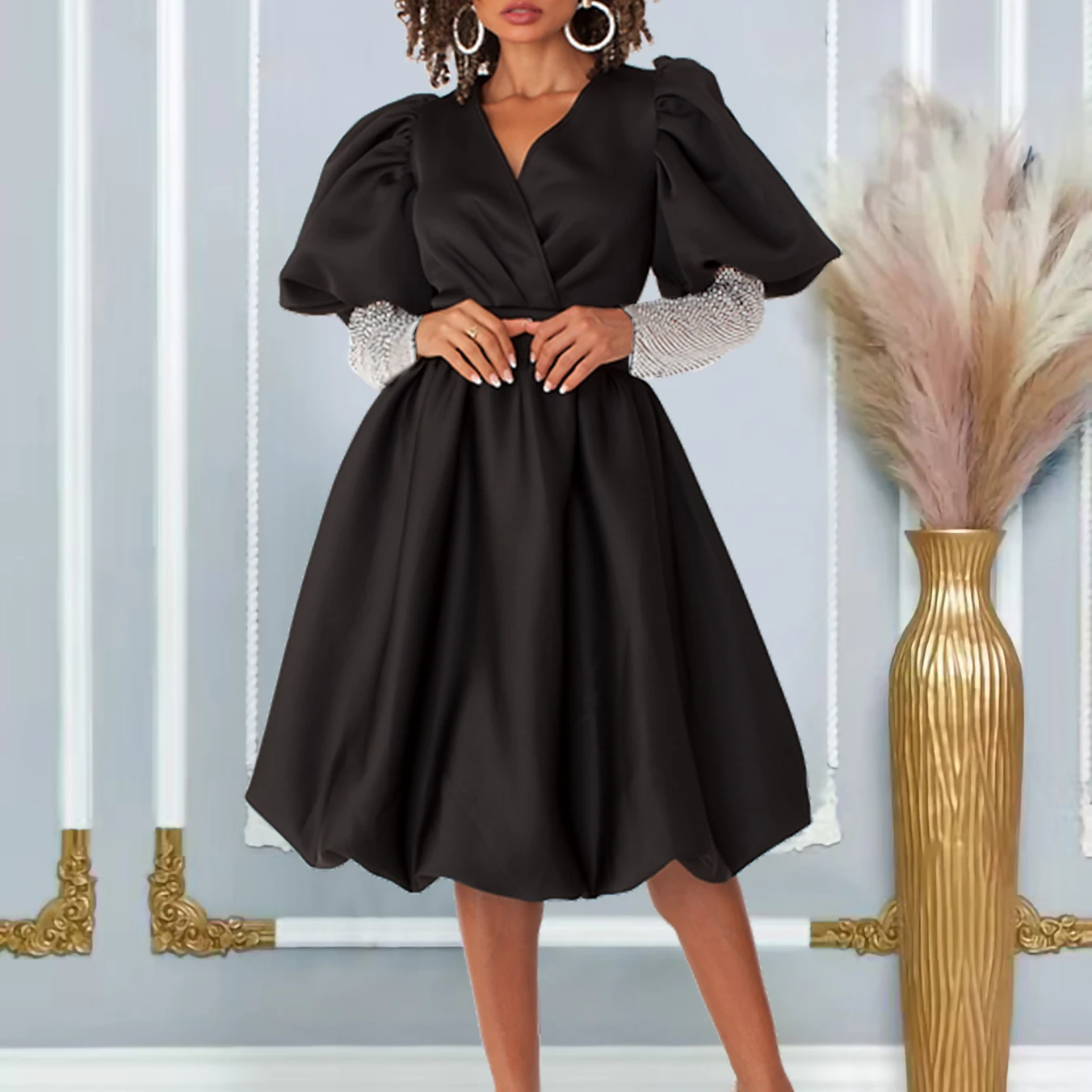 

2024 Trend Women's Black Dress Luxury Summer Elegant Lady V-Neck Large Swing Puff Sleeve Banquet Bridesmaid Female Prom Dresses