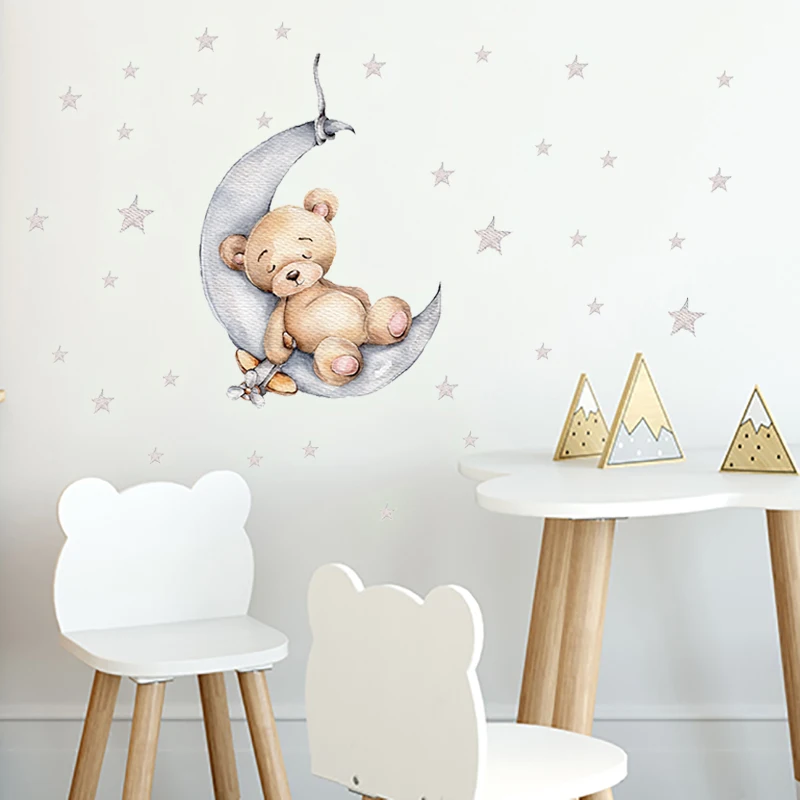 Tiny Cute Luminous Wall Stickers Teddy Bear on the Moon Stars Glow in the Dark Wall Decals Kids Room Baby Nursery Home Decor