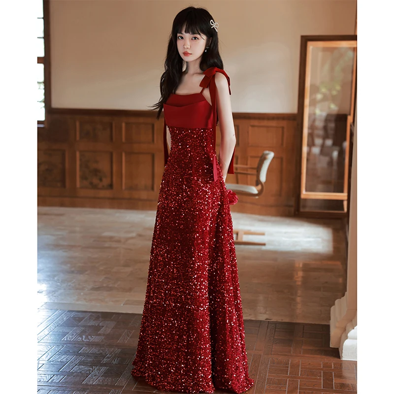 

Wine Red Sequin Evening Dresses For Women Shoulder Straps Sleeveless A-Line Bridal Wedding Reception Gowns Long