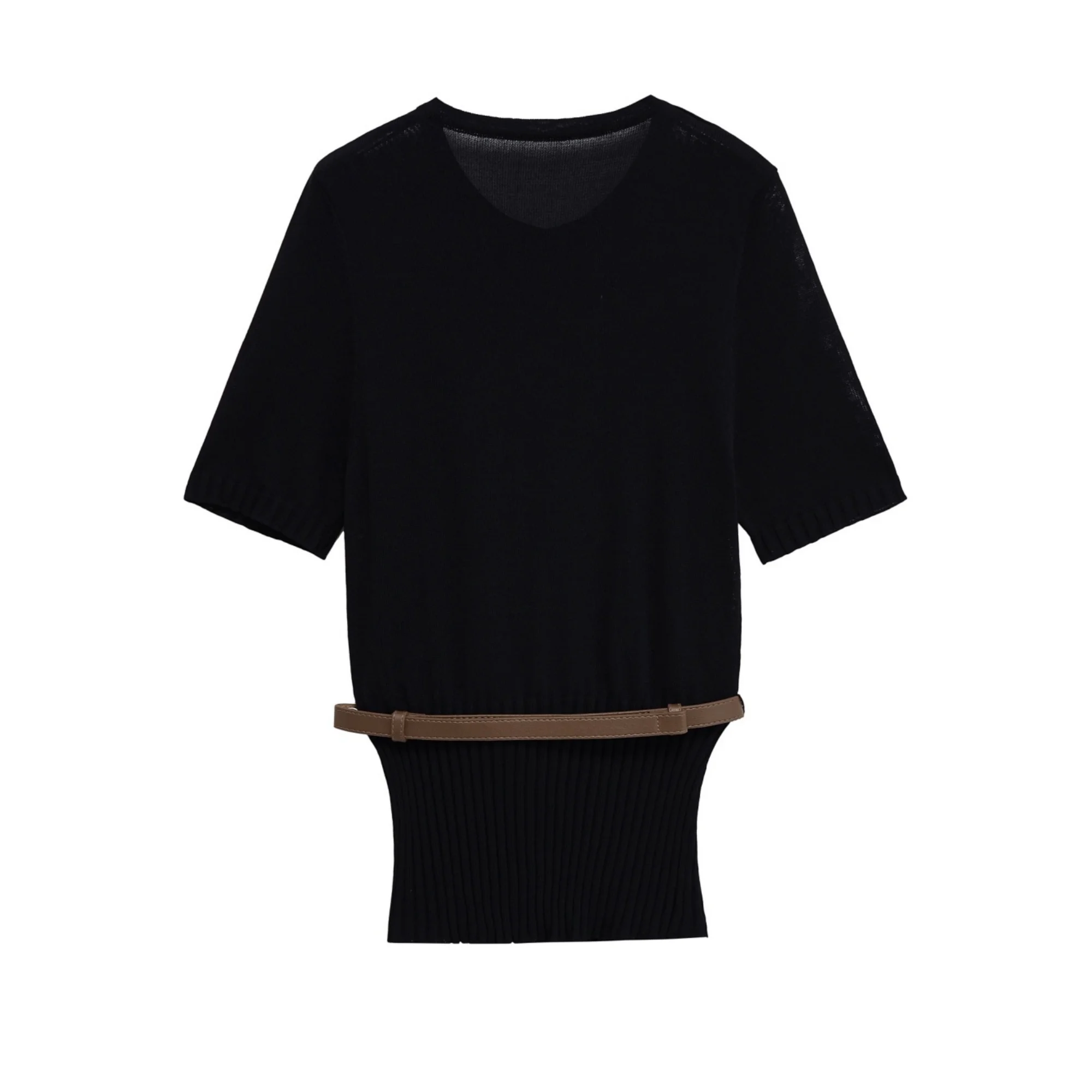 Women's Black Short Sleeves With Belt Embellishment Knitted Cardigan Jacket Female Casual Fashion Simple Elegant Tops Streetwear