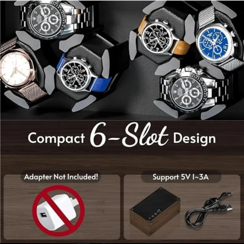 Automatic 6-Slot Watch Winder Box with Blue LED Light, Black Walnut Finish, Soft Memory... - SKU LAWW1124 - UGI Packaging
