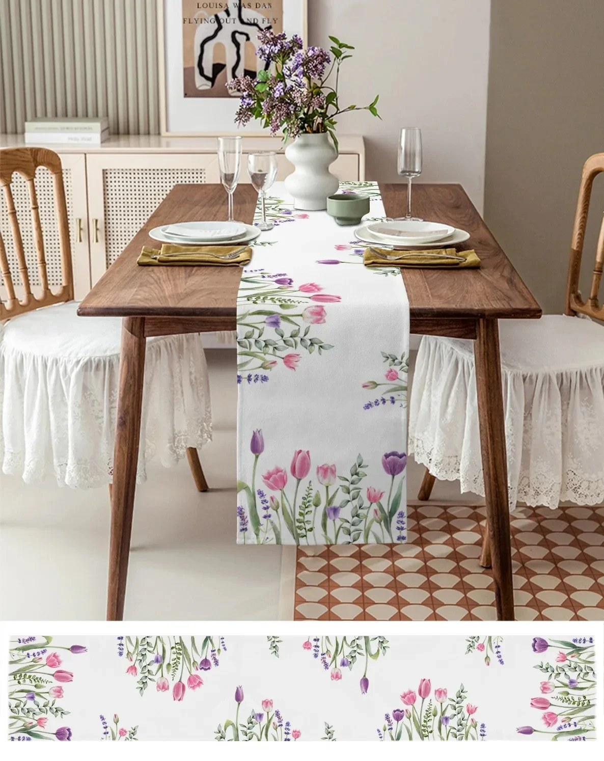 Spring Tulip Plant Flower Linen Table Runners Holiday Party Table Decor Farmhouse Dining Table Runners Wedding Decorations 3