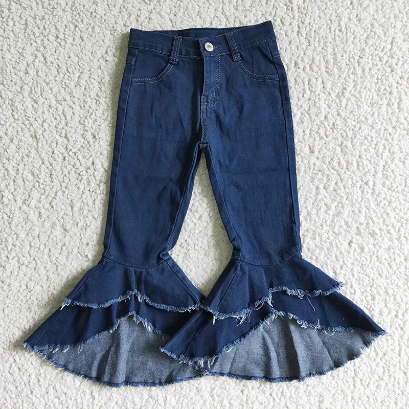 

Baby Girl Dark Blue Double Ruffle Denim New Clothes Wholesale Toddler Bleach Bell Pants Kids Garments Spring Children Wash Jeans
