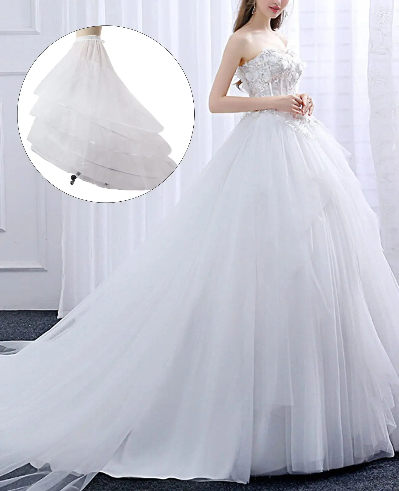 Women Mermaid Petticoat Crinoline 3 Layers Floor Length Underskirt for Wedding Dress