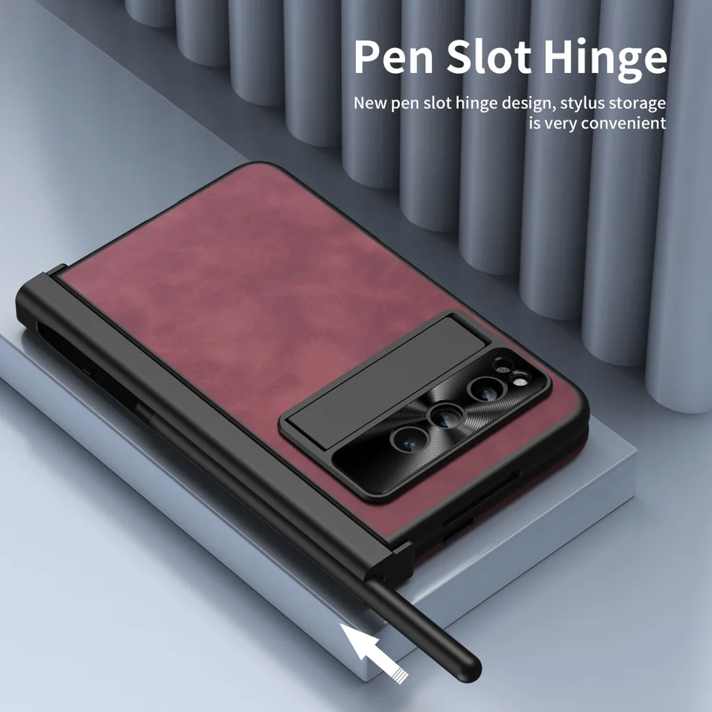For Google Pixel Fold Case Slot Kickstand with Tempered Film Matte Plain Leather Hard Shockproof Protection Back Cover with Pen