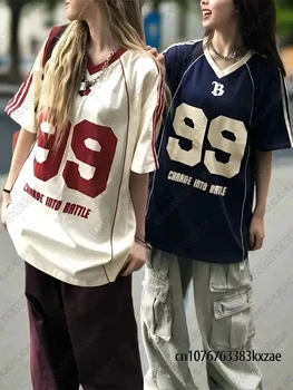 2026 Summer New 99 Print T-Shirt For Women V-Neck Patchwork Short Sleeve Vintage Sports Football Jersey Y2K Loose Oversized Tops 1
