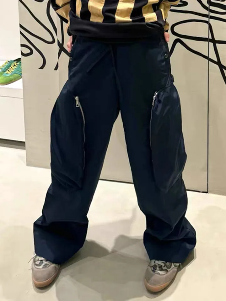 MIJKO Black Nylon Pants with Large Pockets Zipper Drawstring Men's