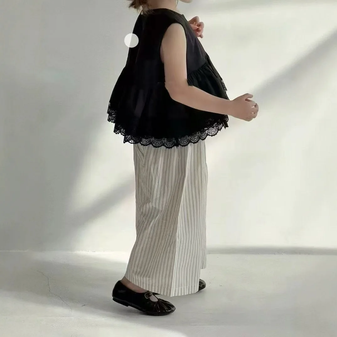 Girls' Set Fashion Doll Shirt Sleeveless Lace Black Vest+ striped Pants Mosquito Proof Pants Summer Girls' Clothing Sets - 4