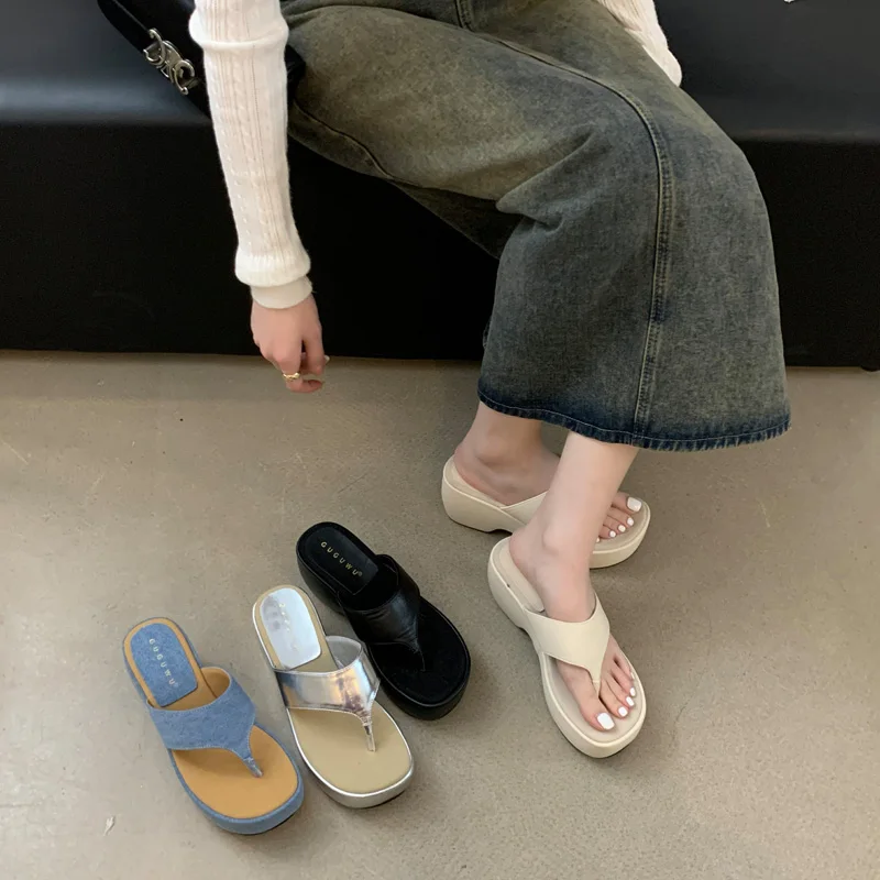 

Blue Platform Flip Flops Silver High Heels Slippers Summer Beach Sandals Outdoor Ladies Shoes Casual Sandalias Mujer 2024